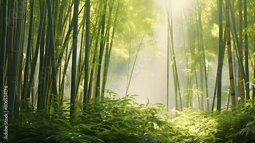 Bamboo forest in the morning sunlight. Panoramic image. © Michelle