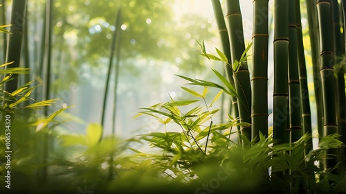 Green bamboo forest with sunlight and bokeh background  panorama