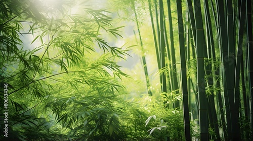 Bamboo forest in the morning. Panoramic image of bamboo forest