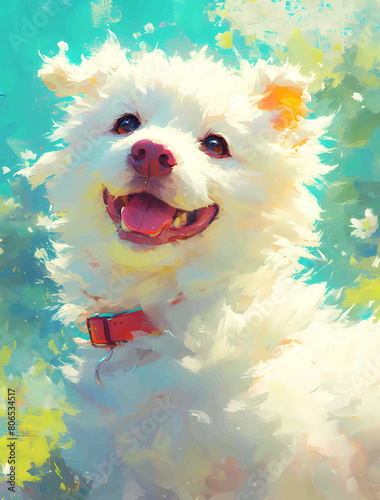 Cute white puppy, oil painting style, a cute white dog