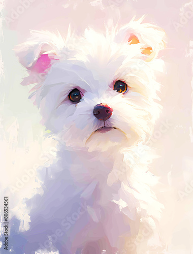 Cute white puppy, oil painting style, a cute white dog photo