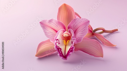 A single  elegant orchid bloom  its petals vibrant and delicate  presented against a light  pastel violet solid background  emphasizing the exotic beauty and grace of the orchid. 