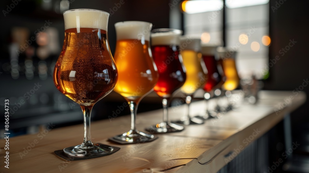 Row of assorted beer glasses filled with different types of beer Row of assorted beer glasses filled with different types of beer