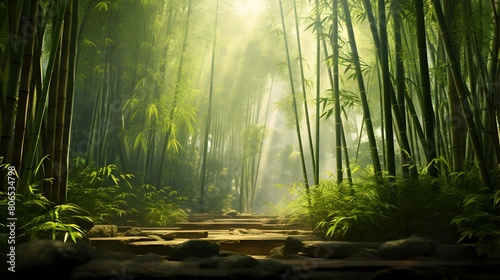 Bamboo forest with sunbeams in the morning  panorama