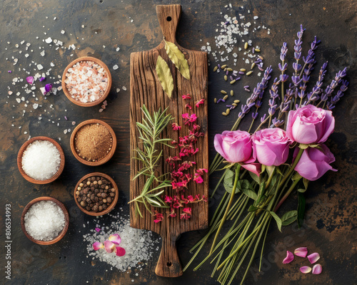 Rustic spice layout with coarse salt and fragrant lavender, beautifully captured. AI generative artwork. photo