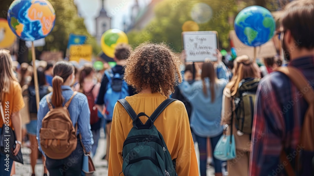 Climate change protest in the city. Young woman with curly hair and a yellow sweater is walking in front of the crowd. Climate change protest in the city. Young woman with curly hair and a yellow sweater is walking in front of the crowd.