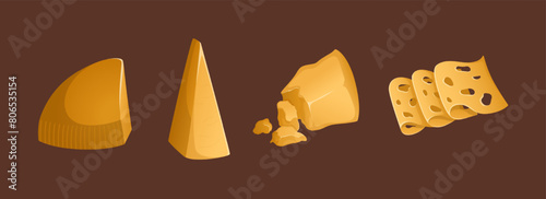 Different types of cheeses vector set on a brown background. Colorful and bright set in realistic style. Four cheeses: cheddar, parmesan and maasdam. Slices and rat of cheese. Ideal for posters and