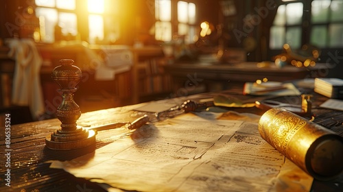 A close-up of a patent document with a golden embossed seal. resting on an inventor's workbench amidst prototypes and sketches. the early morning sunlight streaming in and highlight photo