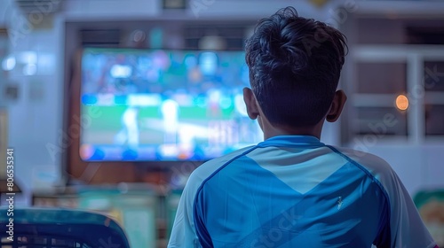 Young boy watching cricket match on TV