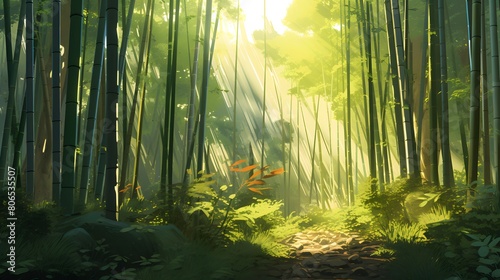 Panoramic view of a bamboo forest in the early morning.