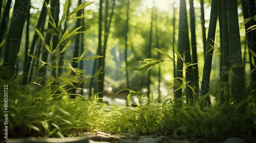 Panoramic view of green bamboo forest with sunlight in the morning