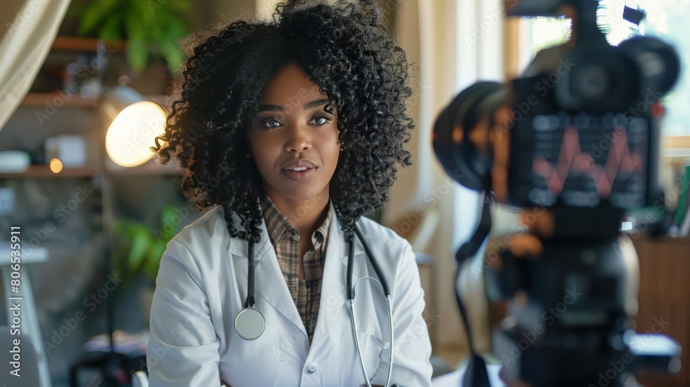 a doctor, beautiful black female with curly hair, performing presentation and being recorded for vlog with Sony A600 camera and light visible, retro travel poster style