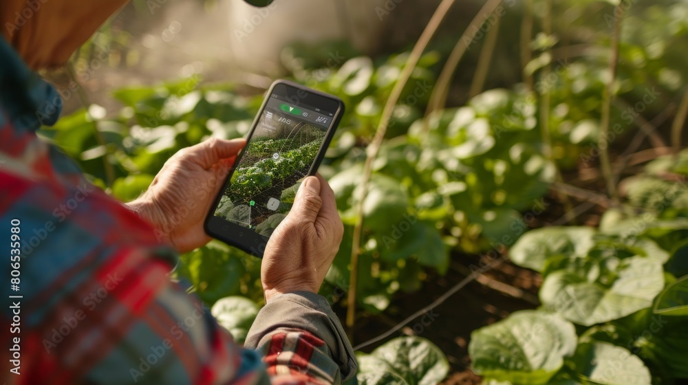 Farmer utilizing a mobile app to remotely monitor irrigation systems and adjust watering schedules for optimal crop growth.