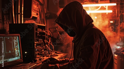 Hooded hacker in a dimly lit room, surrounded by computer equipment, launching malicious cyber attacks.