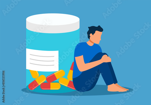 Drug addicted man sitting with pill in flat design. Guy having depression, taking pills. Depression, antidepressants concept.