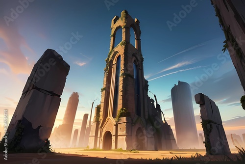 朝焼けRPG滅びた都市の遺跡城ゲーム背景イラスト風 