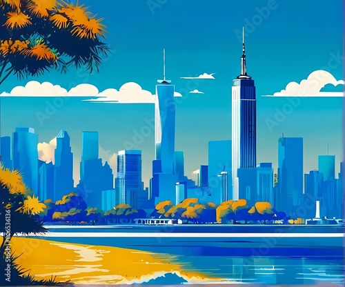 ニューヨーク摩天楼青空ポップレトロなイラスト背景