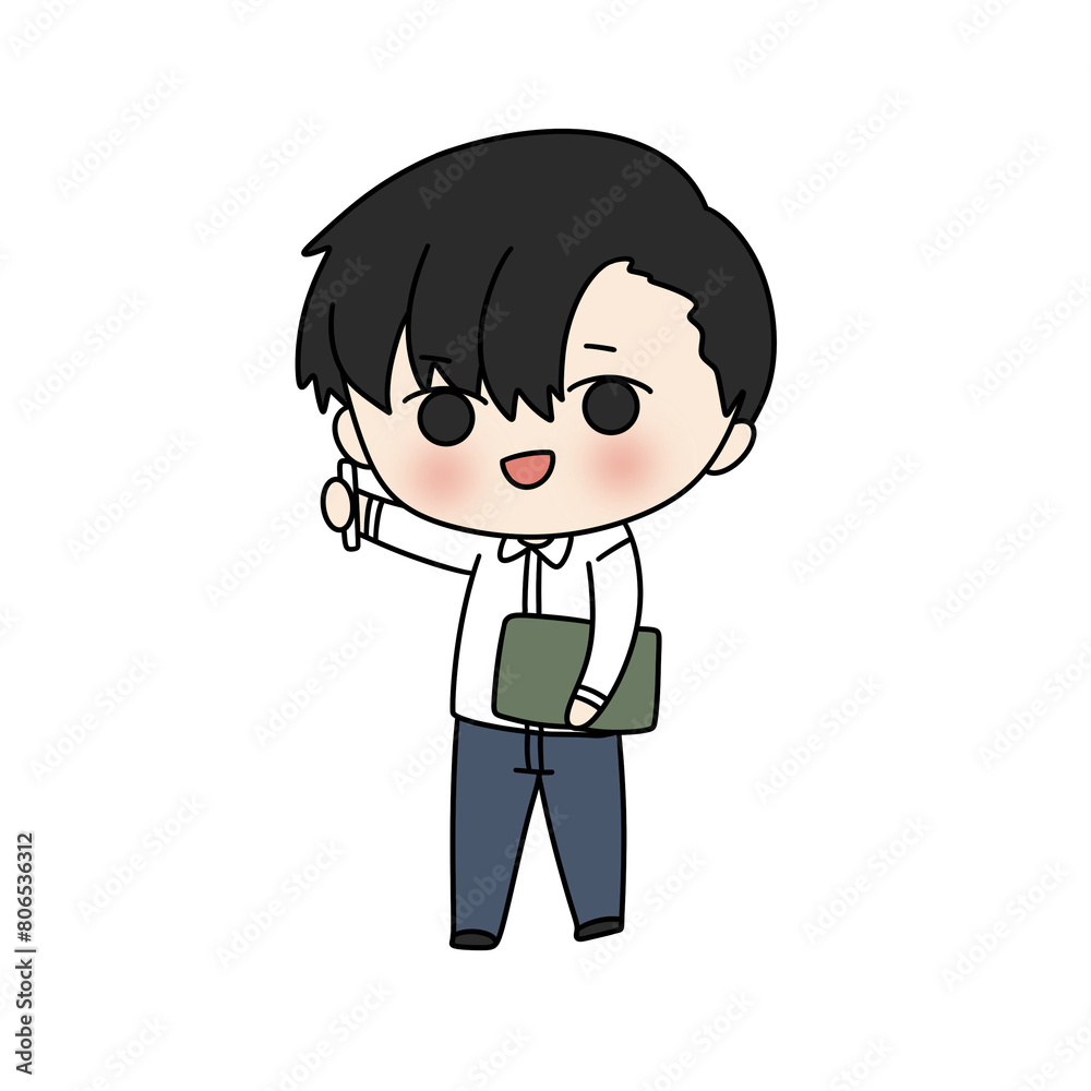 A cartoon boy is holding a green book and smiling A cartoon boy is holding a green book and smiling