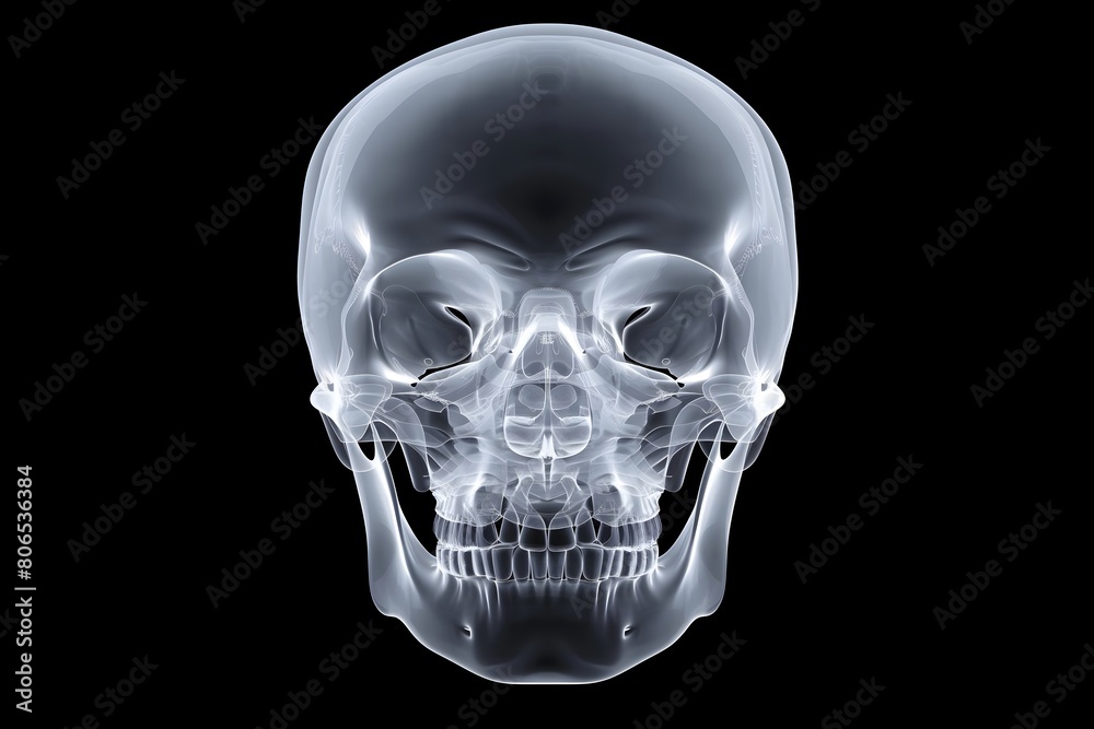 Fototapeta premium X-ray image showcasing a human skull, detailed view of cranial structure, in a dark background