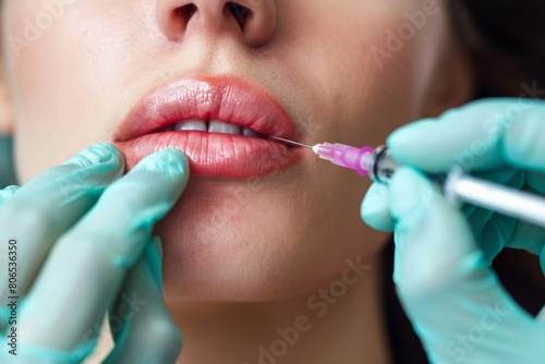 Close-up of a woman receiving Botox injections in her lips with a serene expression.