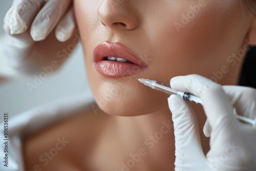 Close-up of a woman receiving Botox injections in her lips with a serene expression.