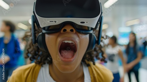 Close-up of a student's excited face as they explore virtual worlds through a VR headset, with the teacher supervising nearby.