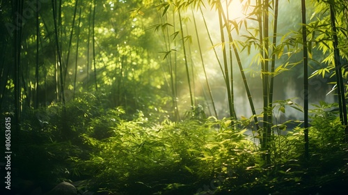 Panorama of a green forest with sun rays shining through the trees