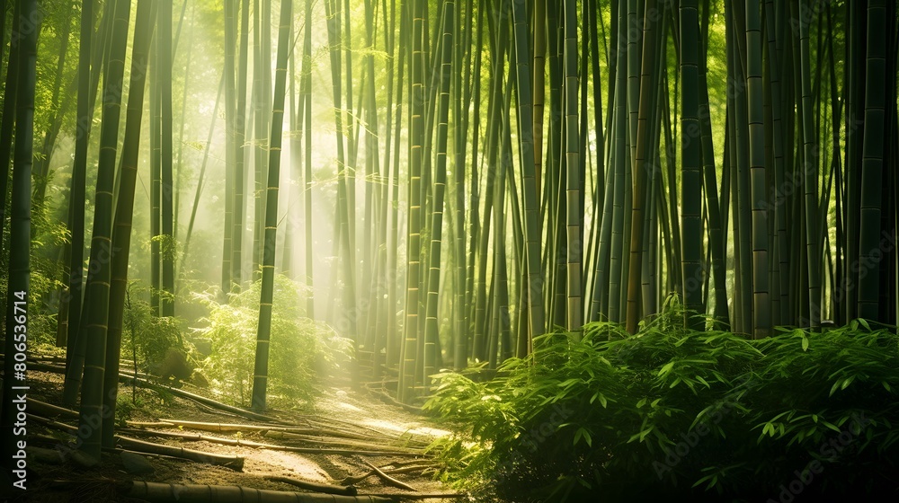 Panoramic view of a green forest with sunbeams.