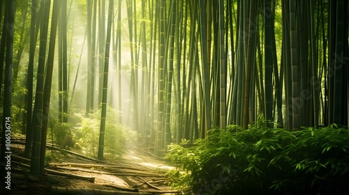 Panoramic view of a green forest with sunbeams.