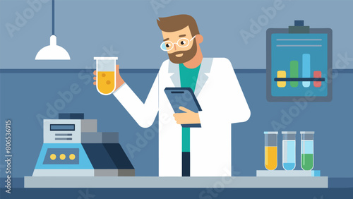 In a sleek and modern laboratory a technician uses a spectrophotometer to check the chemical composition of a concrete mixture.. Vector illustration