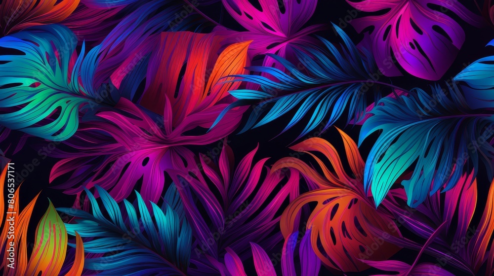 Tropic leaves seamless pattern in neon colors