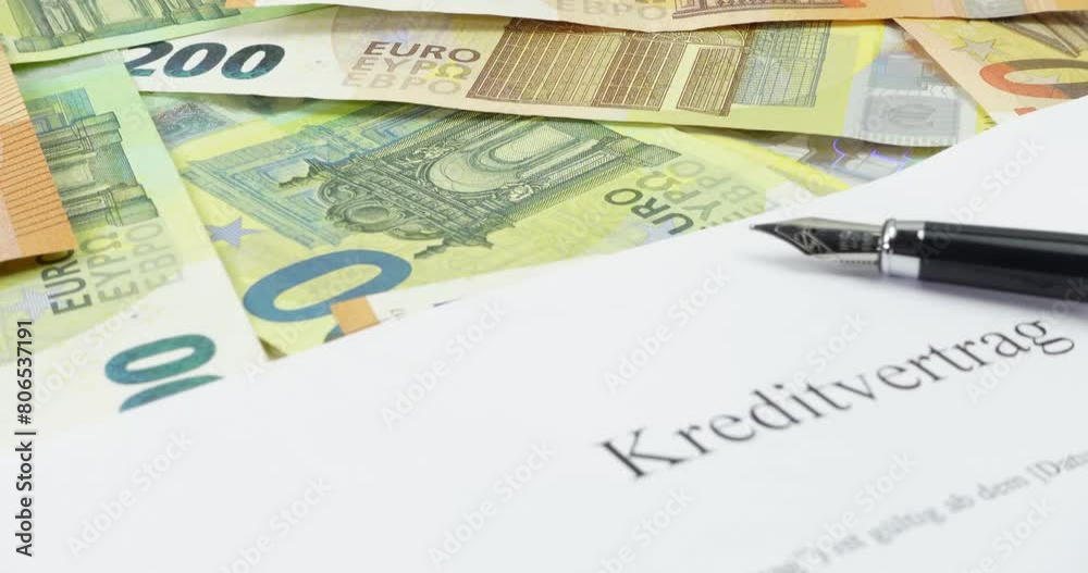 Viele Euro Geldscheine und ein Kreditvertrag Viele Euro Geldscheine und ein Kreditvertrag