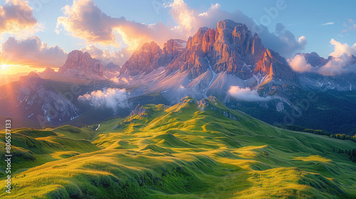 A breathtaking aerial view of the Dolomites at sunset  with golden hues painting across their peaks and a vibrant green landscape below. Created with Ai