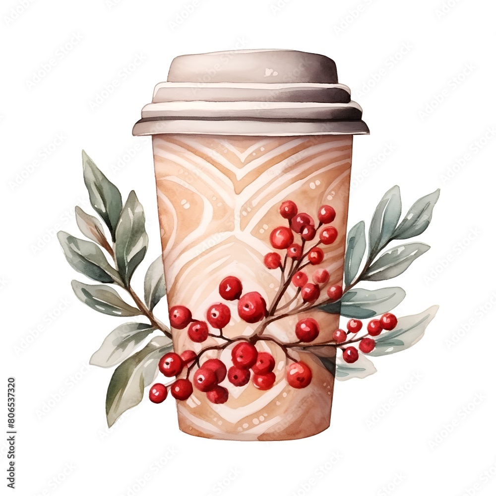 Coffee paper cup with winter berries. Watercolor illustration. Coffee paper cup with winter berries. Watercolor illustration.