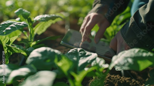 Agricultural professional analyzing soil moisture and crop health data on a tablet, harnessing the power of digital farming technologies.