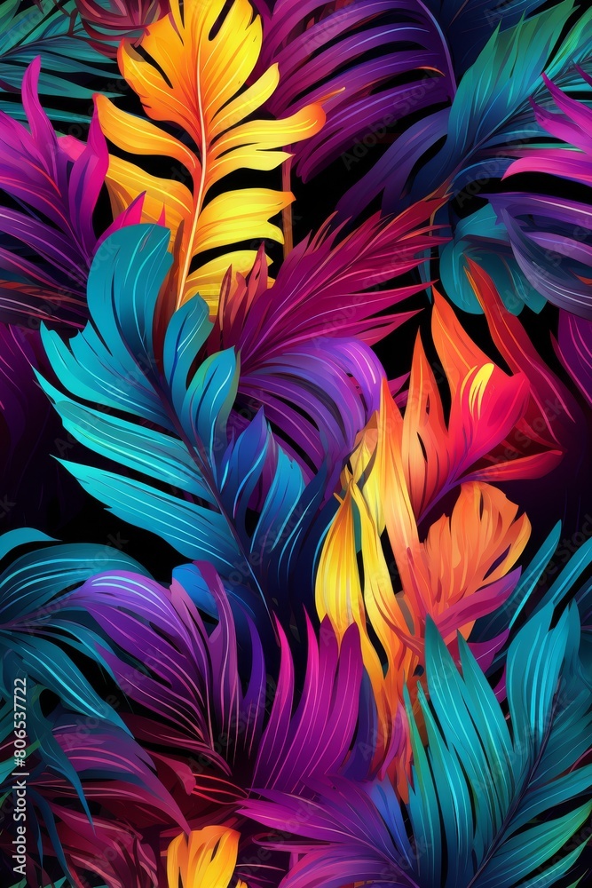 Tropic leaves seamless pattern in neon colors Tropic leaves seamless pattern in neon colors