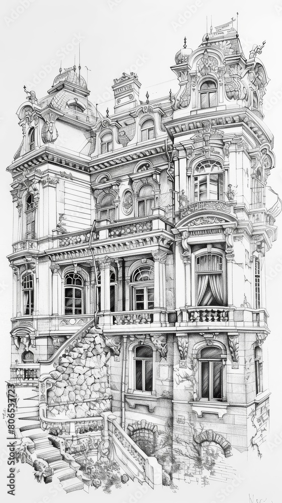 Painted palace, beautiful pencil drawing, on white background, soft lighting, realism, commercial photo
