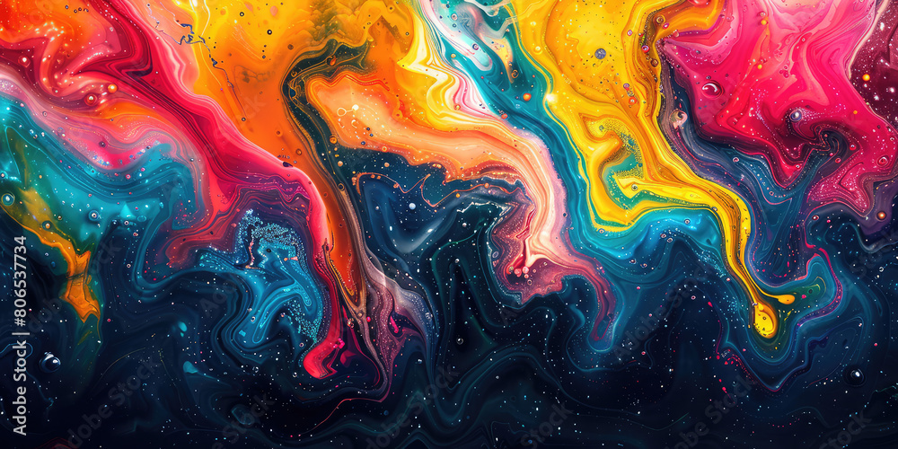  Abstract background with colorful waves of liquid paint, vibrant colors swirling in the dark space. Created with Ai