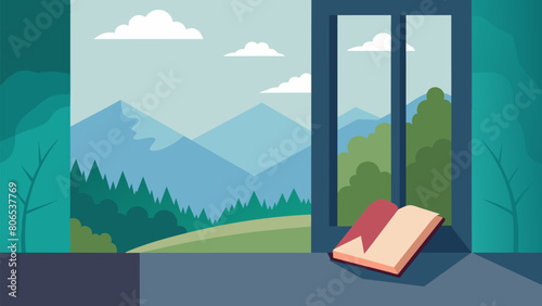 A lone journal sitting on a windowsill with a peaceful view of nature serving as the perfect backdrop for contemplation.. Vector illustration