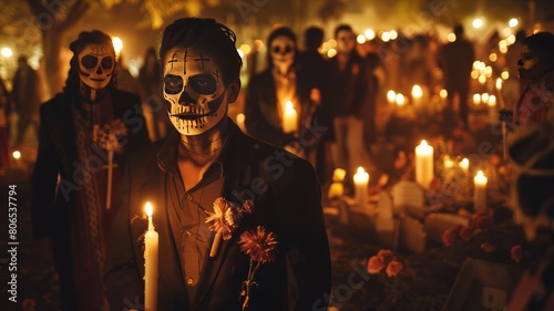 Participants with skull makeup walking through a candlelit cemetery, a solemn yet celebratory night scene