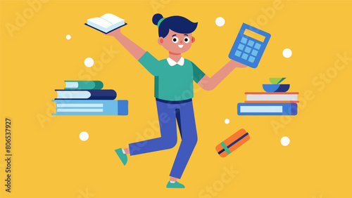 An illustration of a student juggling a stack of textbooks a calculator and a stack of bills all while trying to maintain their balance and avoid. Vector illustration