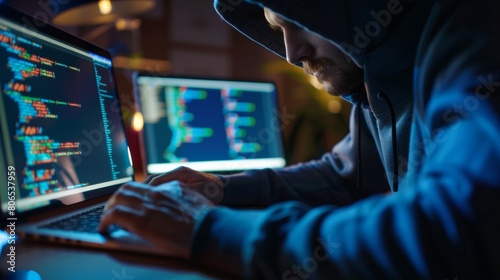 A hacker in a dark hoodie typing furiously on a laptop, surrounded by screens with lines of code.