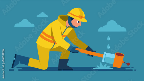 A worker wearing a waterproof rain suit safety boots and a hard hat while digging and laying pipes for a new water line.. Vector illustration