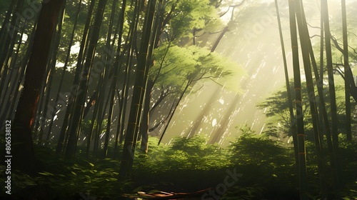 Panoramic photo of a forest with sunbeams shining through the trees