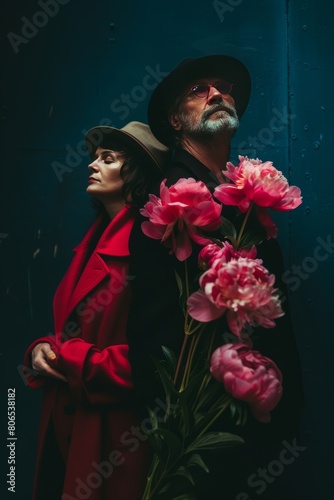 Elderly couple in stylish outfits against violet background. Pink peony flowers, rfed coat and hat photo