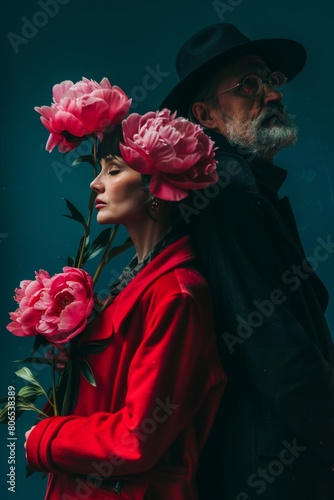 Elderly couple in stylish outfits against violet background. Pink peony flowers, rfed coat and hat photo