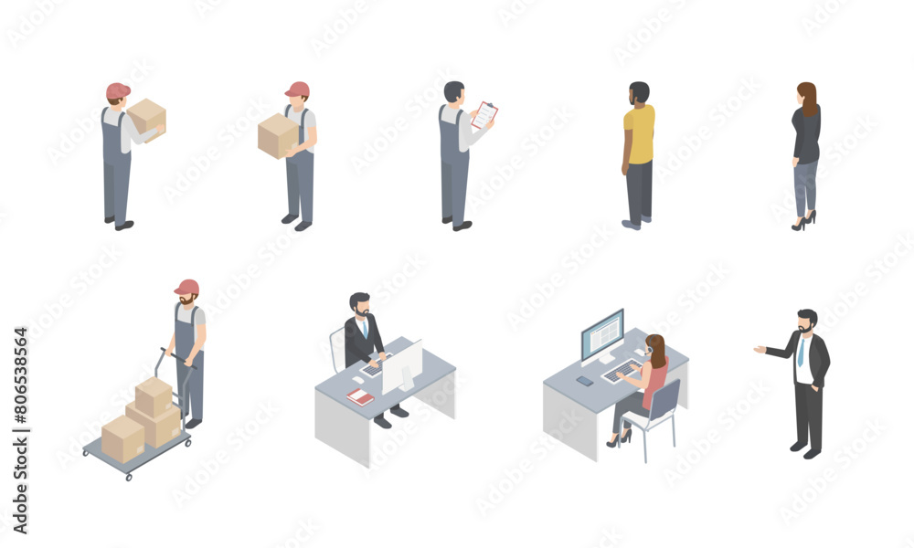 Set of employees of postal or warehouse company. Isometric projection. 3d vectors of manager, courier, worker in uniform, box and operator. Logistic characters. Set of employees of postal or warehouse company. Isometric projection. 3d vectors of manager, courier, worker in uniform, box and operator. Logistic characters.