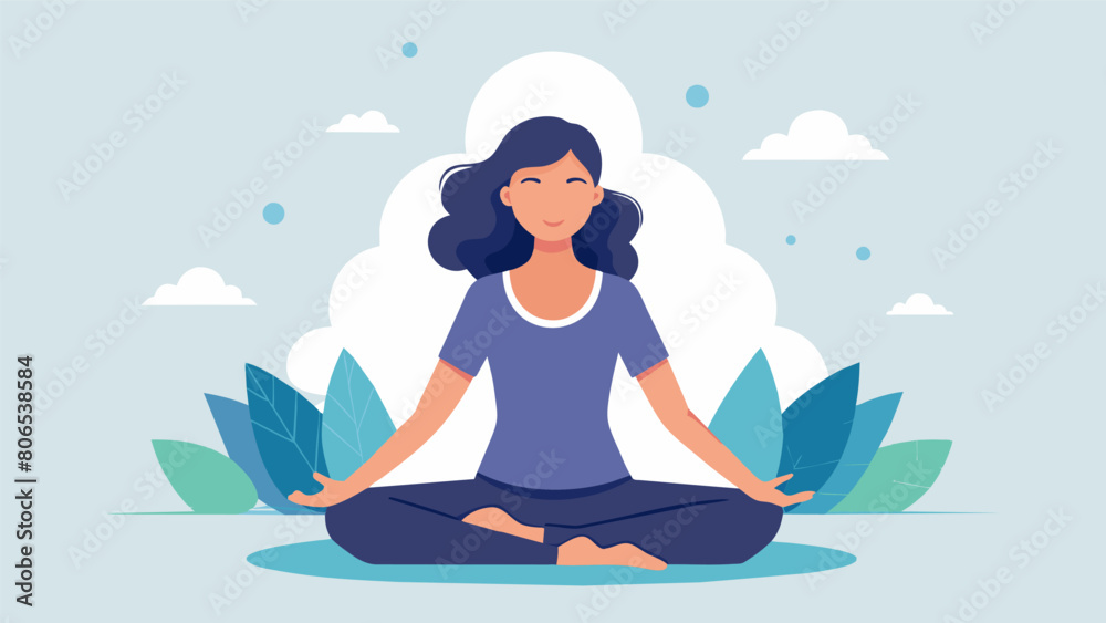 A woman practices mindfulness techniques focusing on her breathing and letting go of negative emotions.. Vector illustration