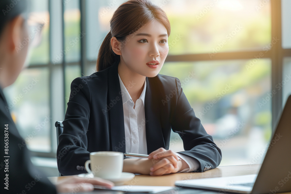 A young Japanese businesswoman is conducting an interview with another at the table, using a laptop computer and a coffee cup on the desk, with a bright office background A young Japanese businesswoman is conducting an interview with another at the table, using a laptop computer and a coffee cup on the desk, with a bright office background