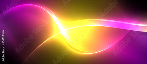 A vibrant wave of color is swirling in the darkness against a backdrop of purple and amber hues, resembling a mesmerizing geological phenomenon in the sky